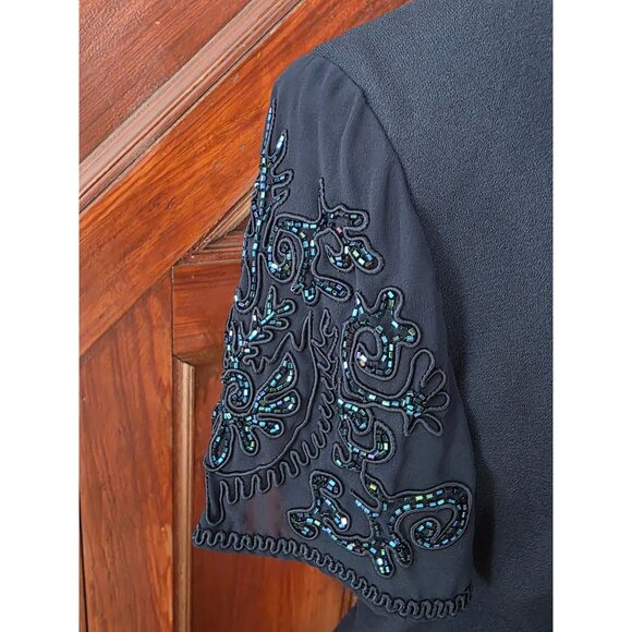 Vintage Talbots Beaded Sleeve Short Sleeve Dark Blue Dress With Button Back 14 - Picture 2 of 9